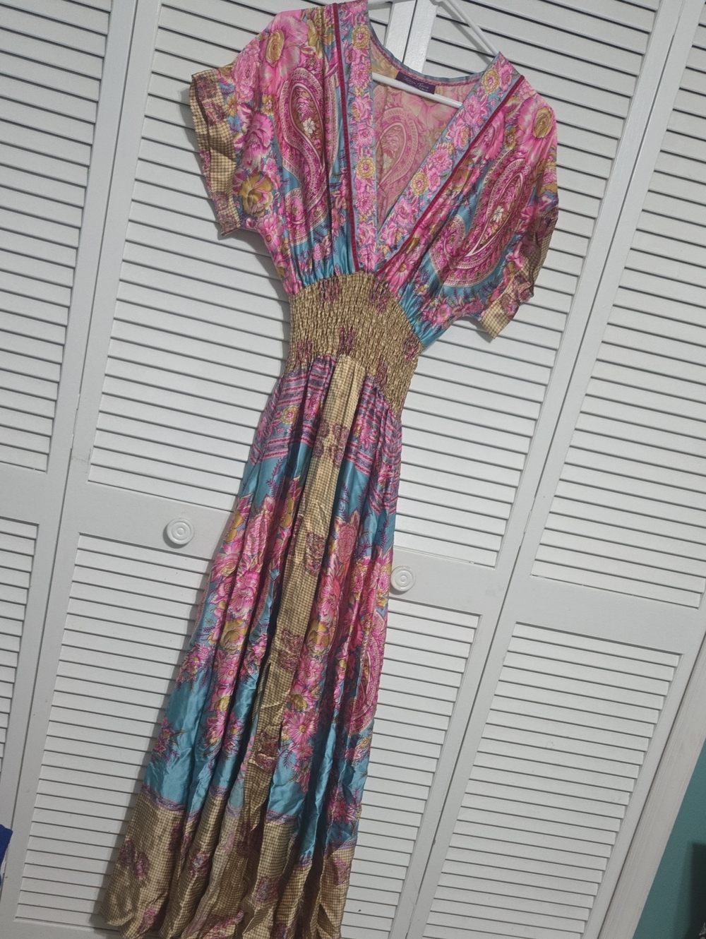 Lolita Jaca St Barth Silk Paisley Floral Smocked Maxi Dress One Size OS Pink Tea